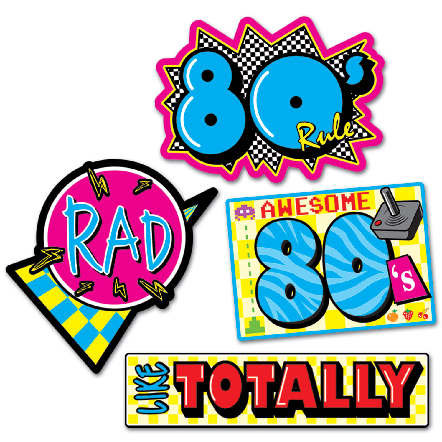 1980s style signs that read, "rad, like totally, awesome 80s, and 80s rule"