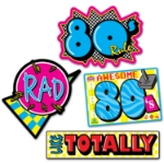 1980's style signs that read, "rad, like totally, awesome 80's, and 80's rule"