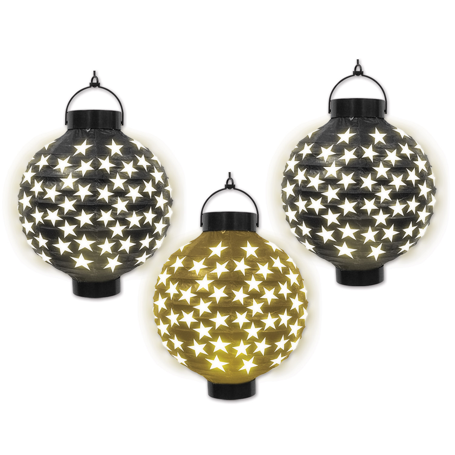 Light-up paper lanterns in black and gold with white stars 