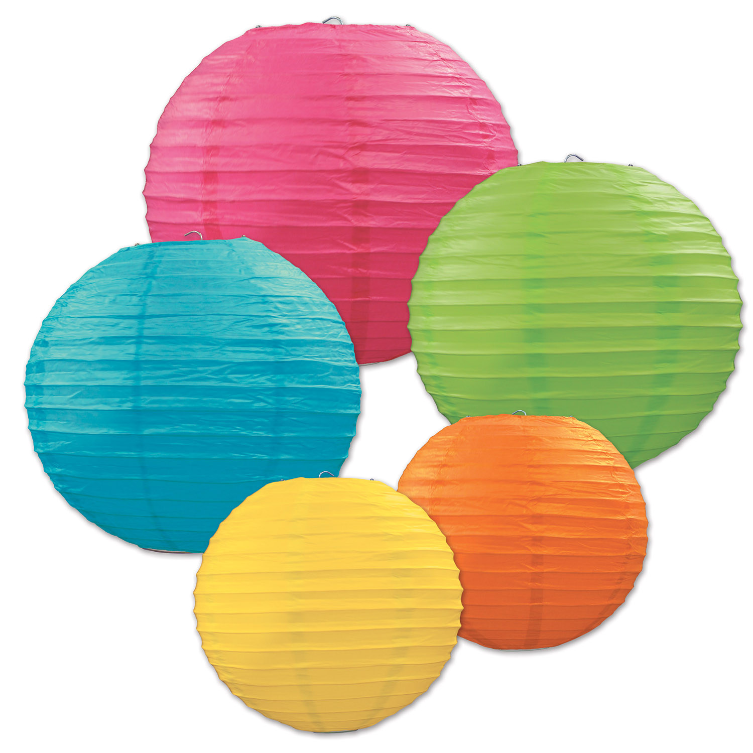 Multi-colored paper lanterns in various sizes. 
