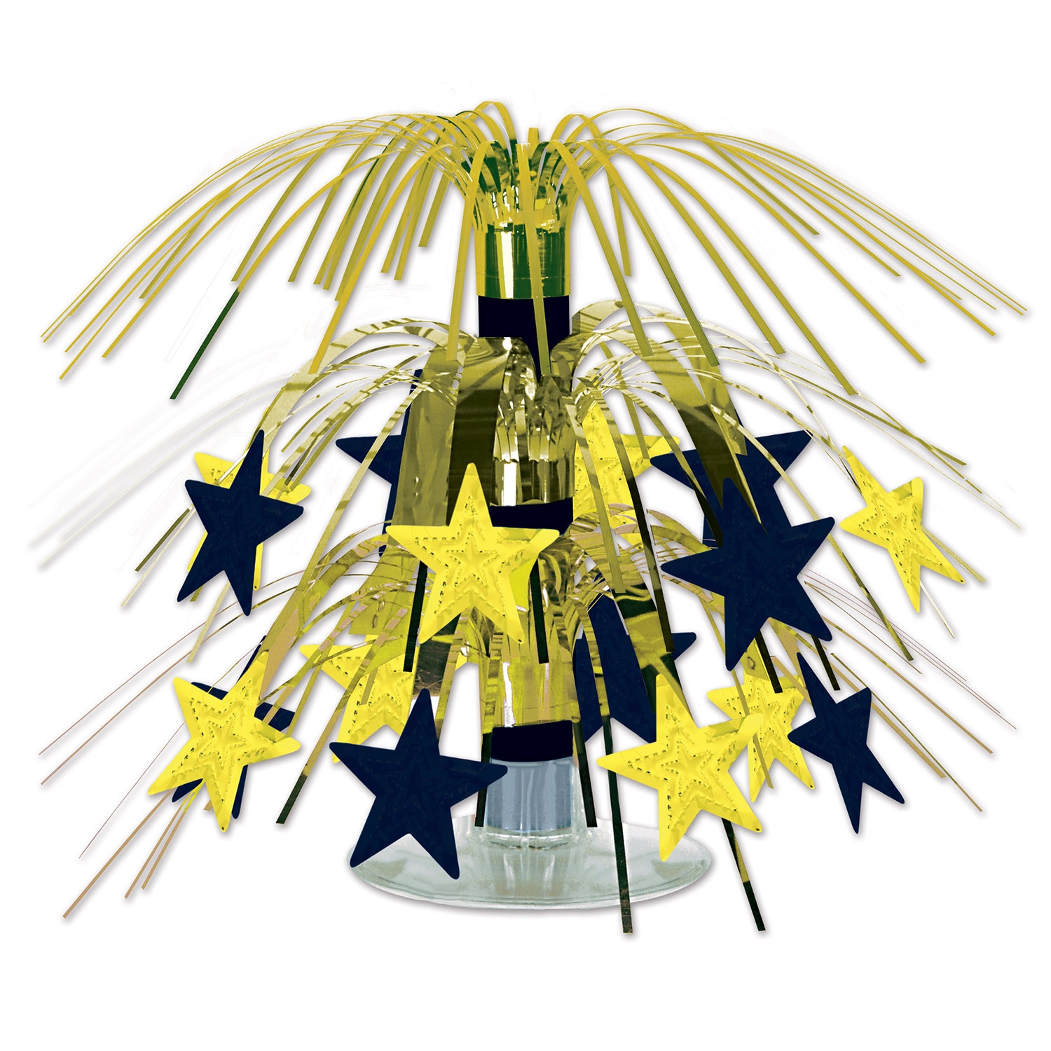 Centerpiece with cascading metallic black and gold strands and stars.