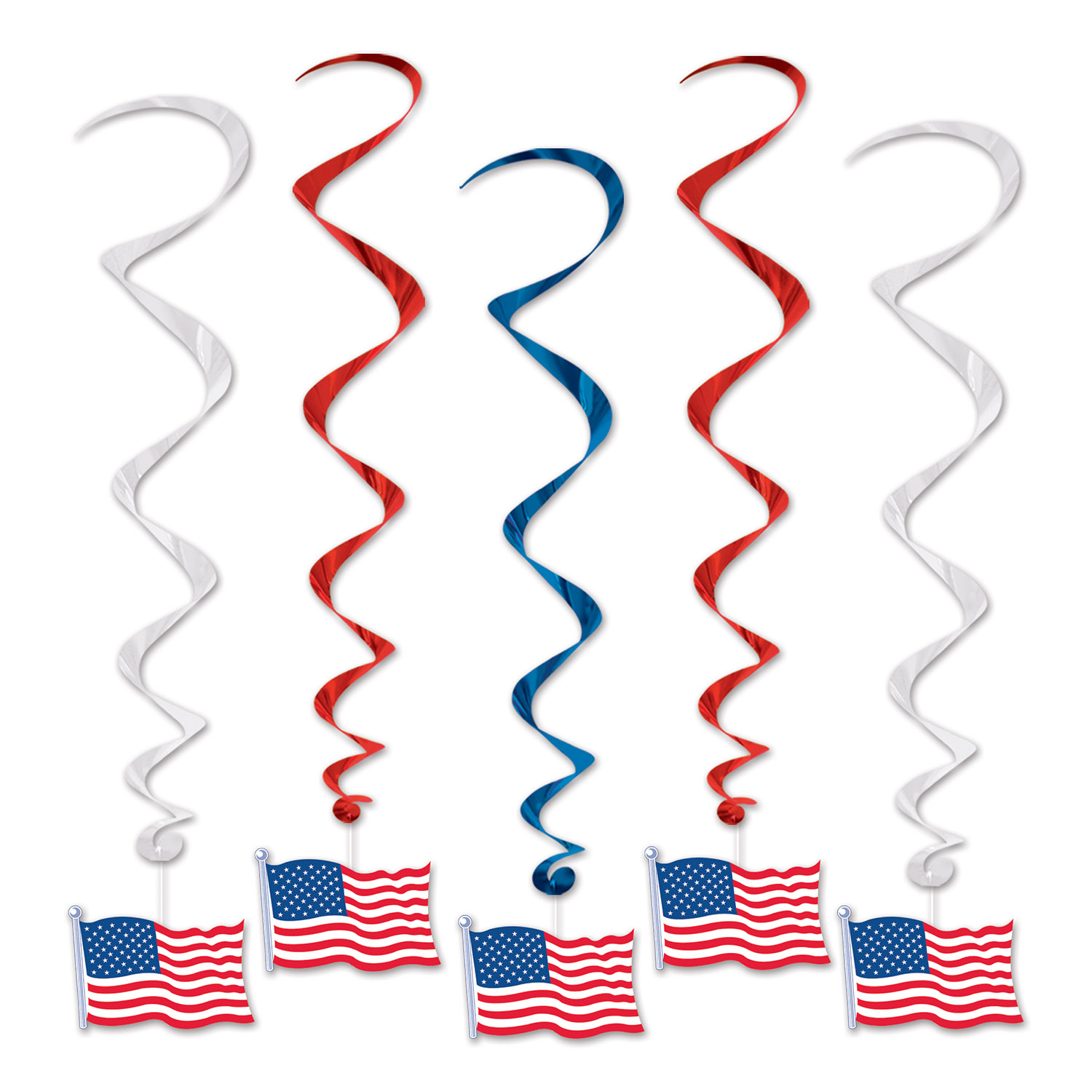 hanging red white and blue whirls with American flags on the bottom