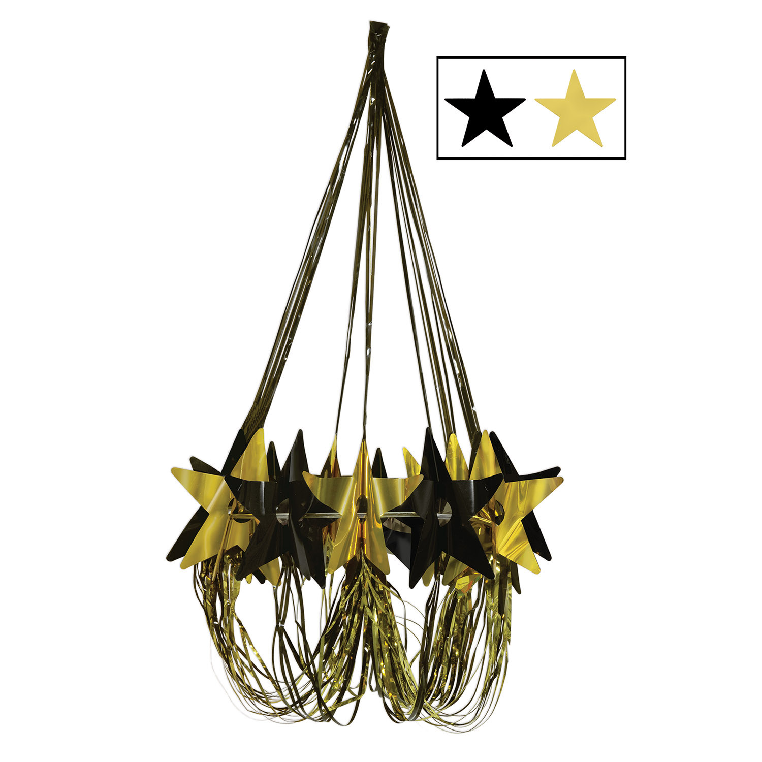Chandelier decoration with black and gold metallic material including stars.