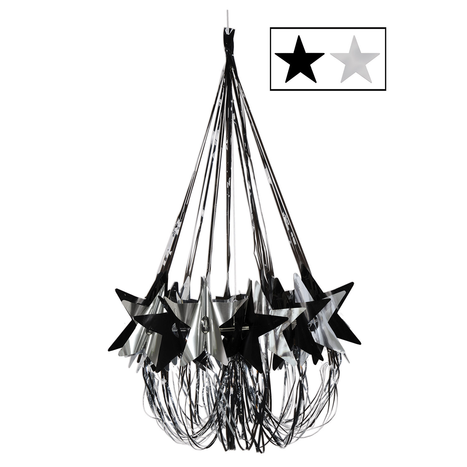 Chandelier decor with black and silver accents and stars.