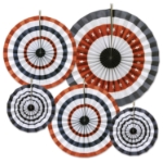 hanging red, white, and blue paper fans in multiple sizes