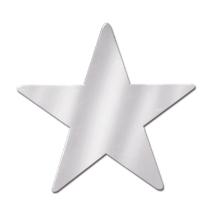 Silver printed card stock star cutout.