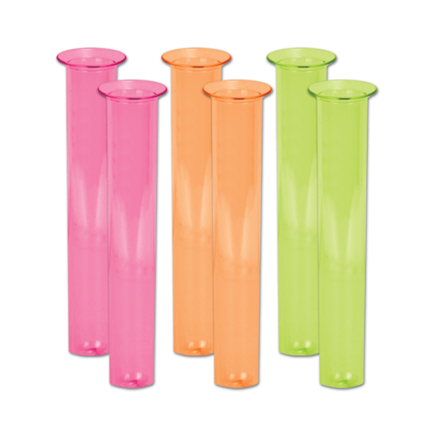Neon colored shot glasses shaped to replicate test tubes.