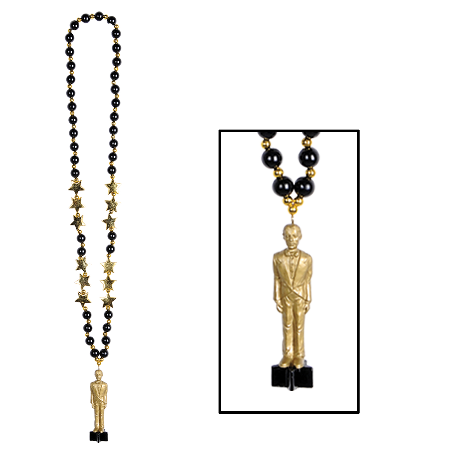 black beads with an awards night award statue at the bottom