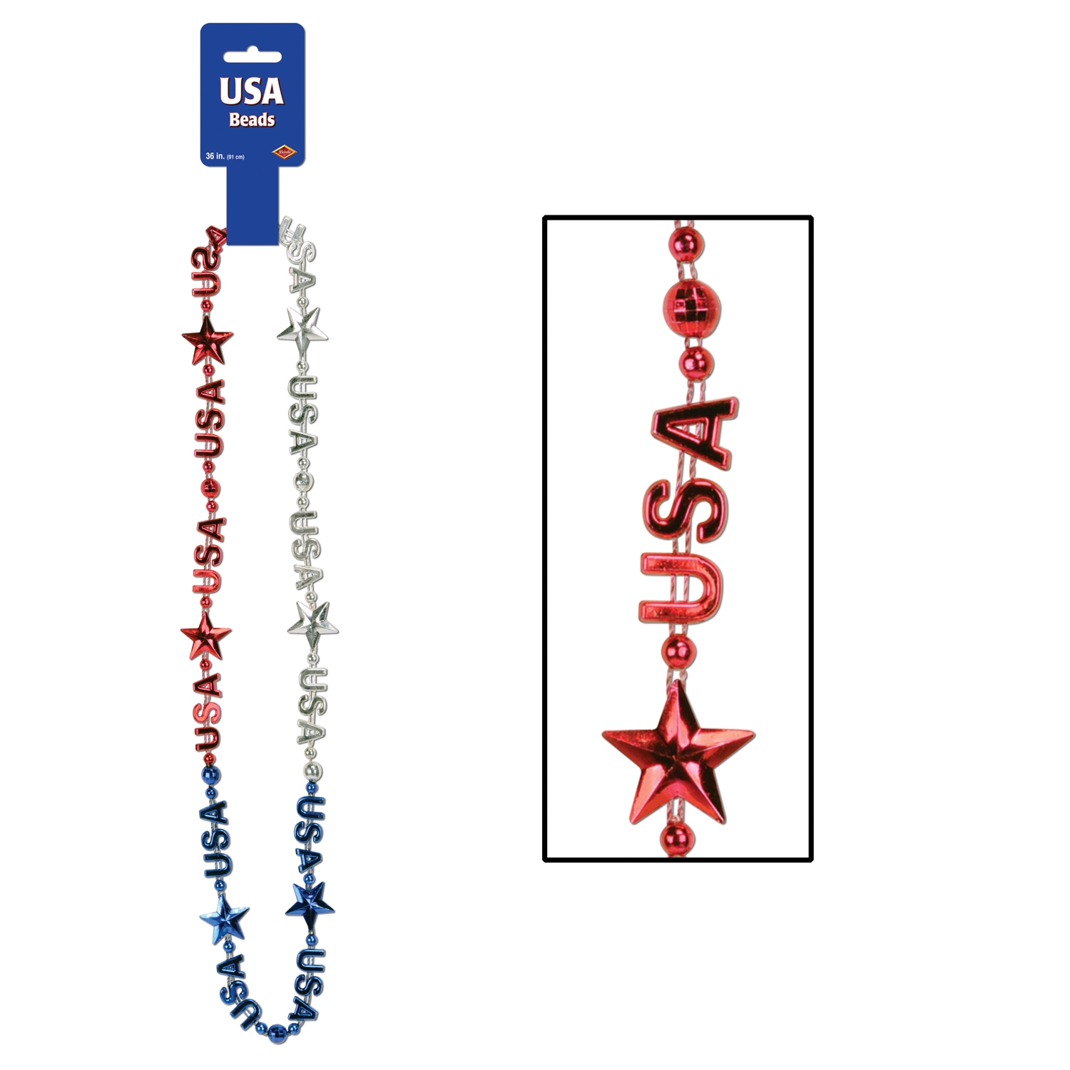 red, white, and blue necklace that reads USA around the neck
