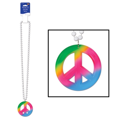 white beads with a large Tie-Dyed peace sign medallion