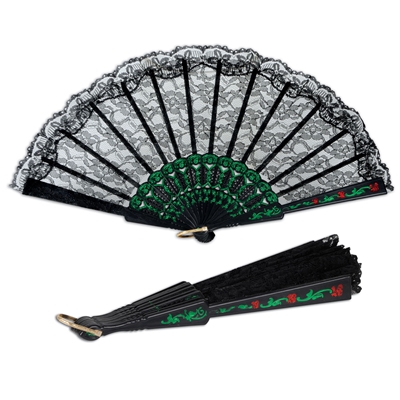 Hand Fiesta fan in black lace and green with red accents.