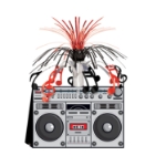grey paper boom box with red and black music notes coming out of the top