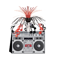 grey paper boom box with red and black music notes coming out of the top