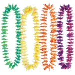 Green, orange, purple and yellow petaled leis.