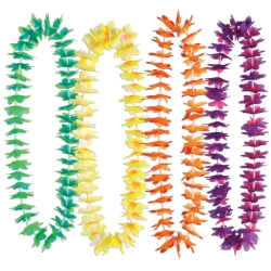 Green, orange, purple and yellow petaled leis.