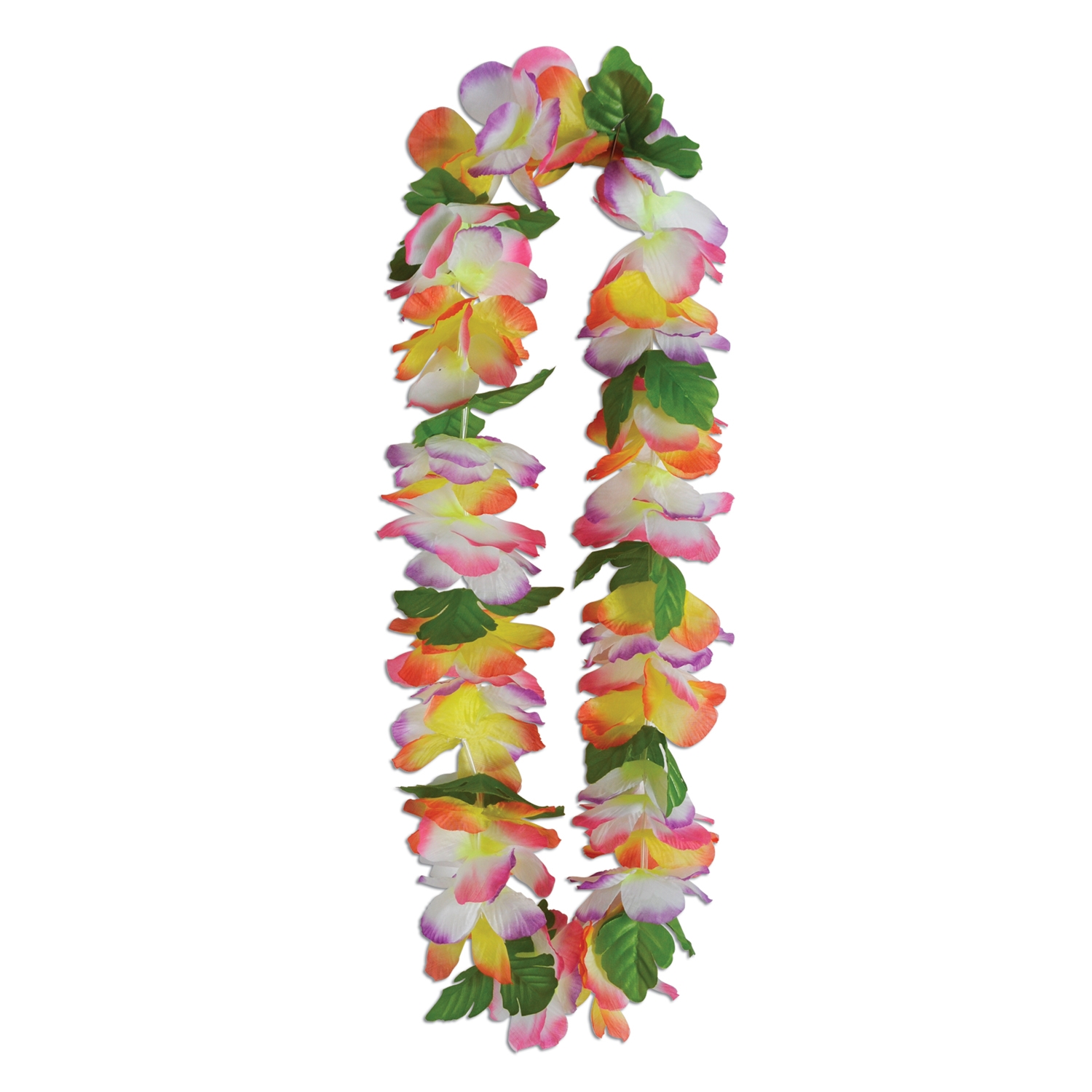 Silk lei with pink, purple, and yellow tropical petals.