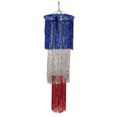 red, white, and blue metallic hanging chandelier