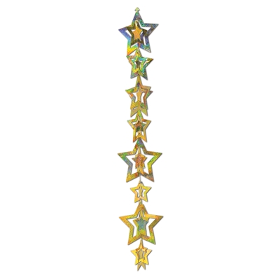 Dangling decoration with various sized 3-d gold prismatic stars.