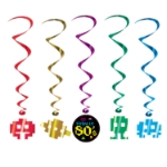 retro hanging whirl decoration that has 1980's style arcade game characters hanging from the whirls