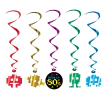 retro hanging whirl decoration that has 1980's style arcade game characters hanging from the whirls