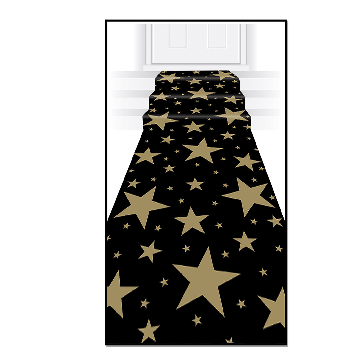 Floor runner with a black background and assorted sized gold stars.
