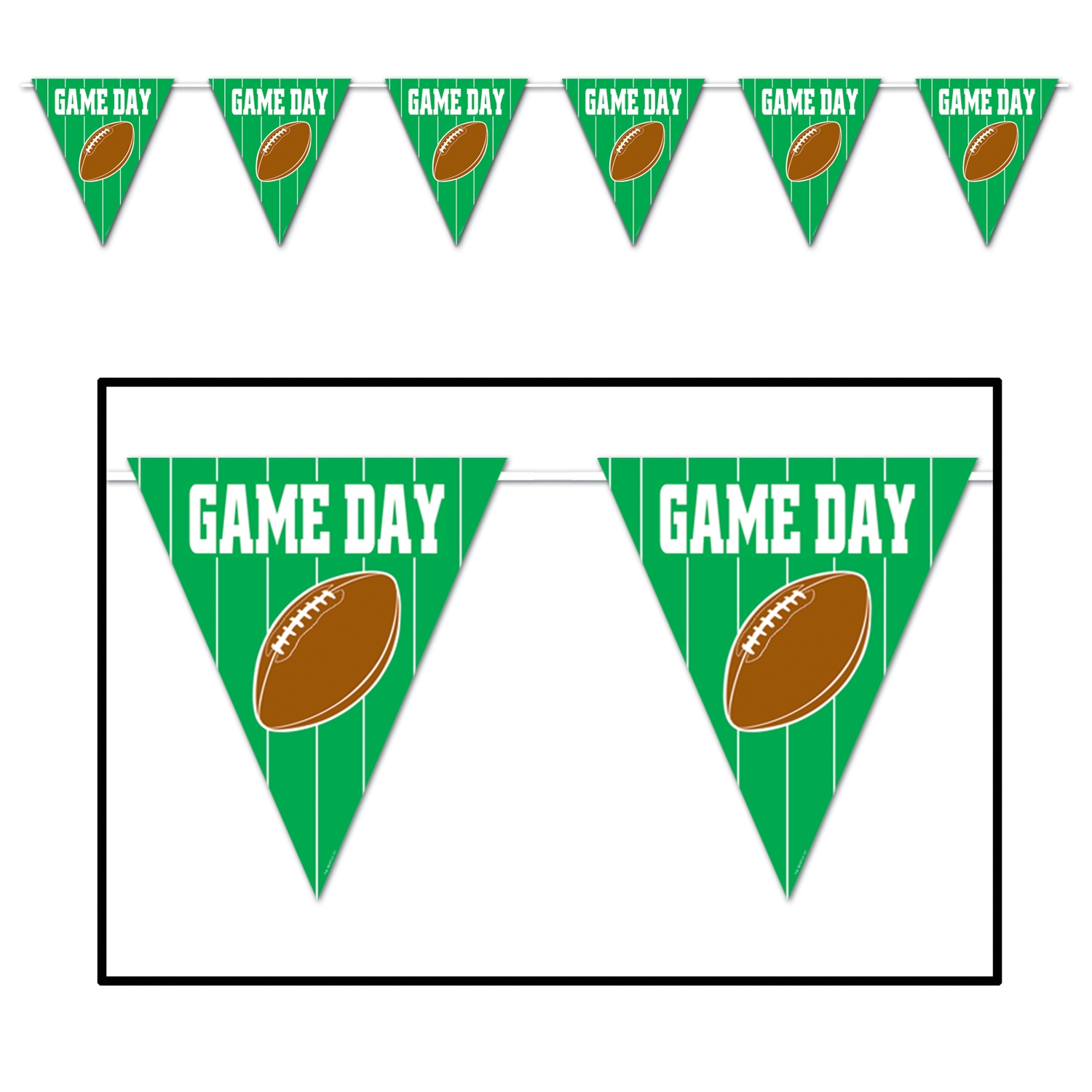 pennant banner that looks like a football field that reads game day and has a brown football