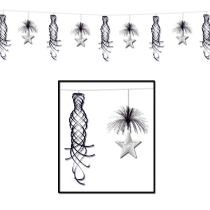 Garland with a whirl of metallic strands and cascaded stars of black and silver.