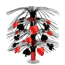 casino themed centerpiece in red and black with card suit decor hanging off of it