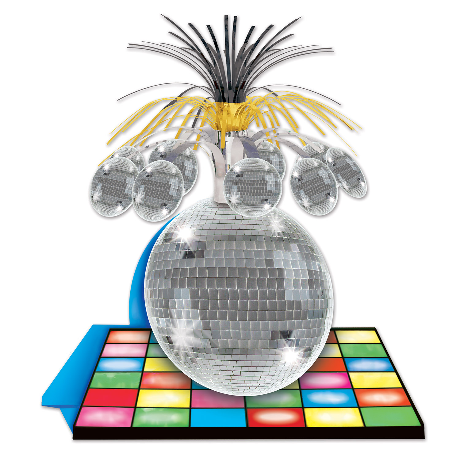 table centerpiece with a disco ball on a assorted color floor