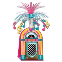 1950's style jukebox centerpiece with musical notes on the top