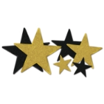 Assorted sized star cutouts in black and gold with glitter.