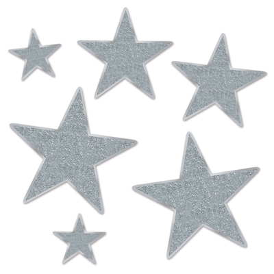 Assorted sized silver star cutouts with glitter.