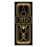 Door cover with a black background and gold accents with the word "cheers".