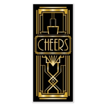 Door cover with a black background and gold accents with the word "cheers".