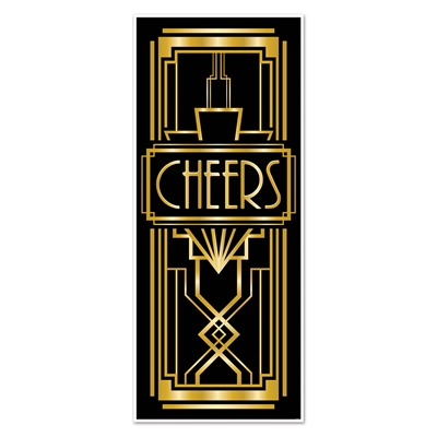 Door cover with a black background and gold accents with the word "cheers".