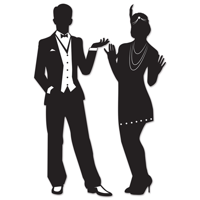Black 20's silhouette of a male and female dressed up for a party.
