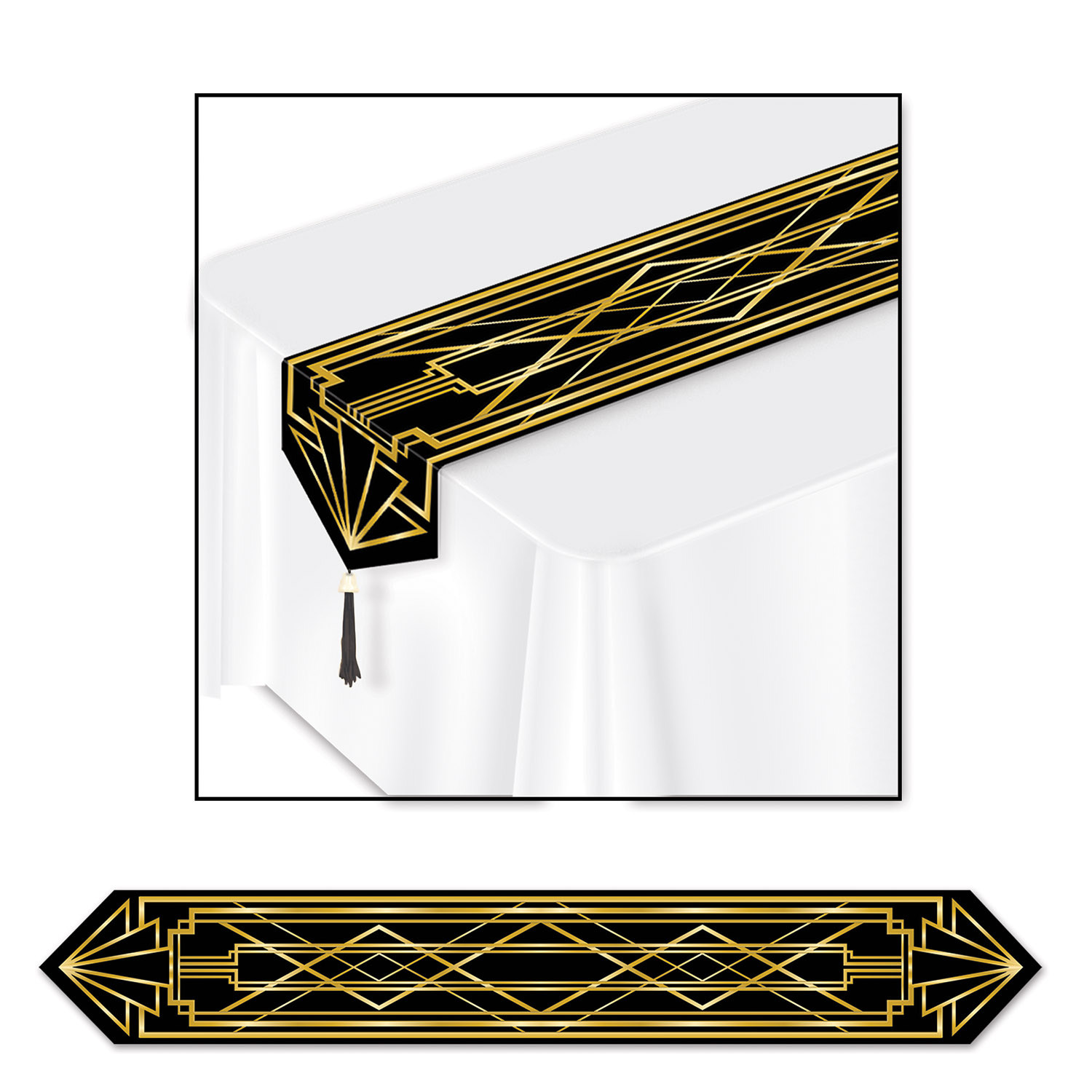 Black background table runner with beautiful gold accent designs.