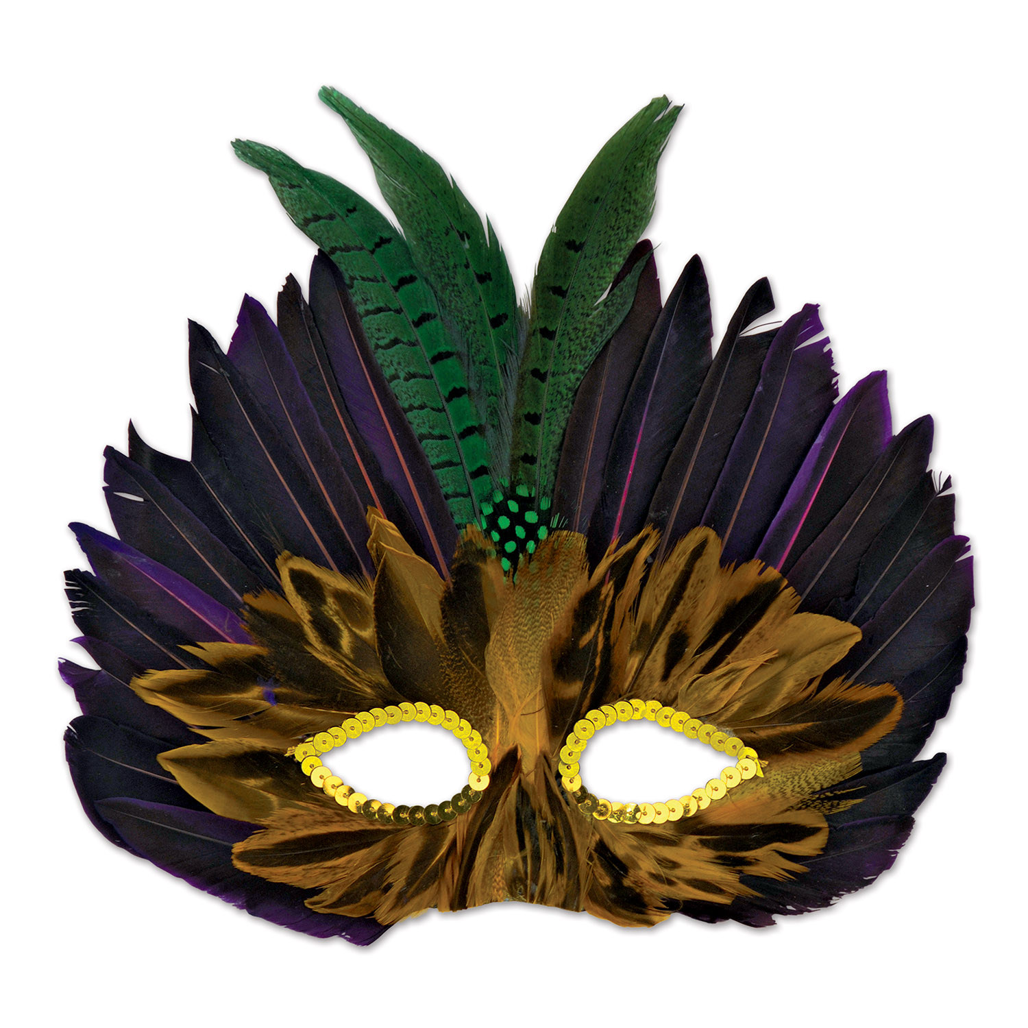 Fathered mask with gold sequins outlining the eyes, brown feathers around the eyes black and purple feathers above the brown and three green feathers at the forehead. 