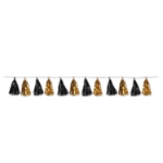 Streamer with metallic black and gold tassels.