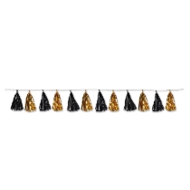 Streamer with metallic black and gold tassels.