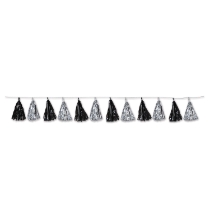 Streamer with metallic black and silver tassels.