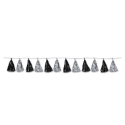 Streamer with metallic black and silver tassels.