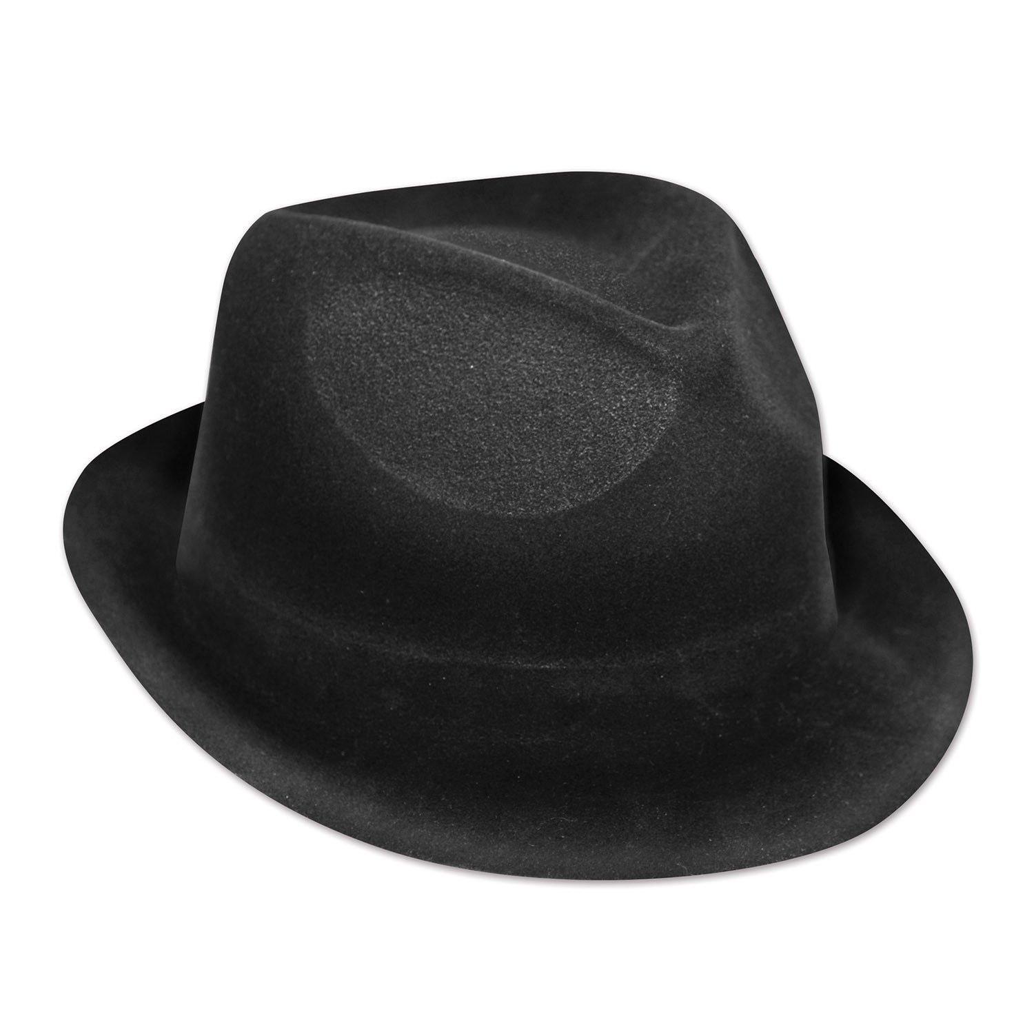 Plastic molded, velour coated, black fedora hat. 