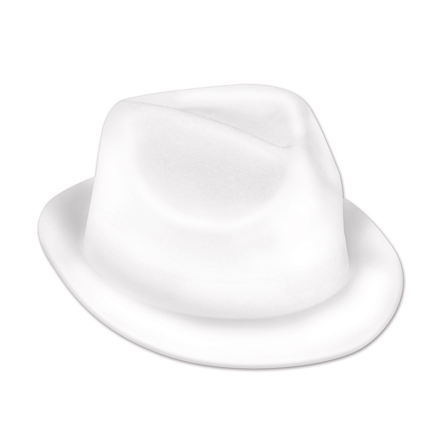 Plastic molded, velour coated, white fedora hat. 