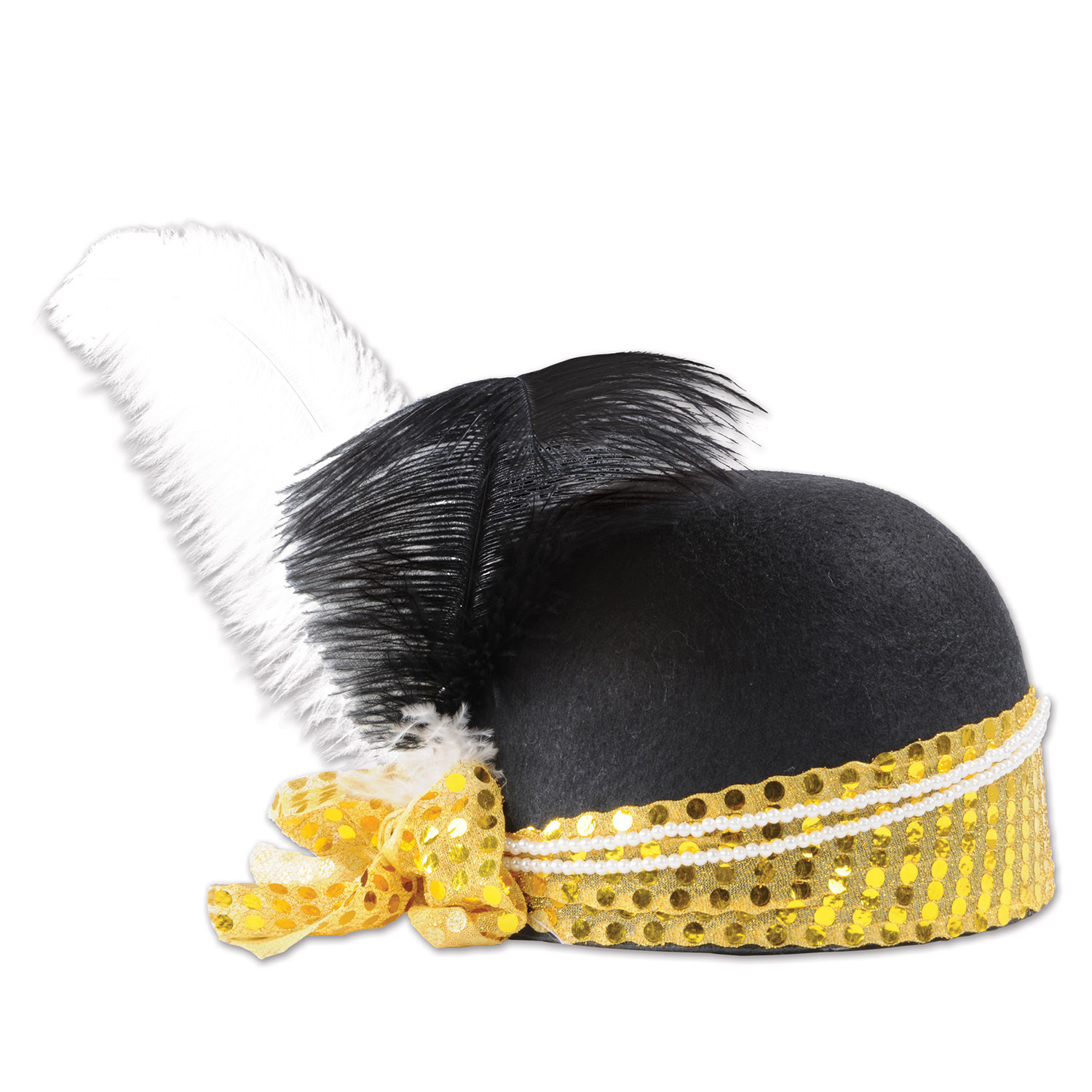 Black felt hat with gold sequined scarf tied around the front, embelished with a string of pearls and a white and black feather. 