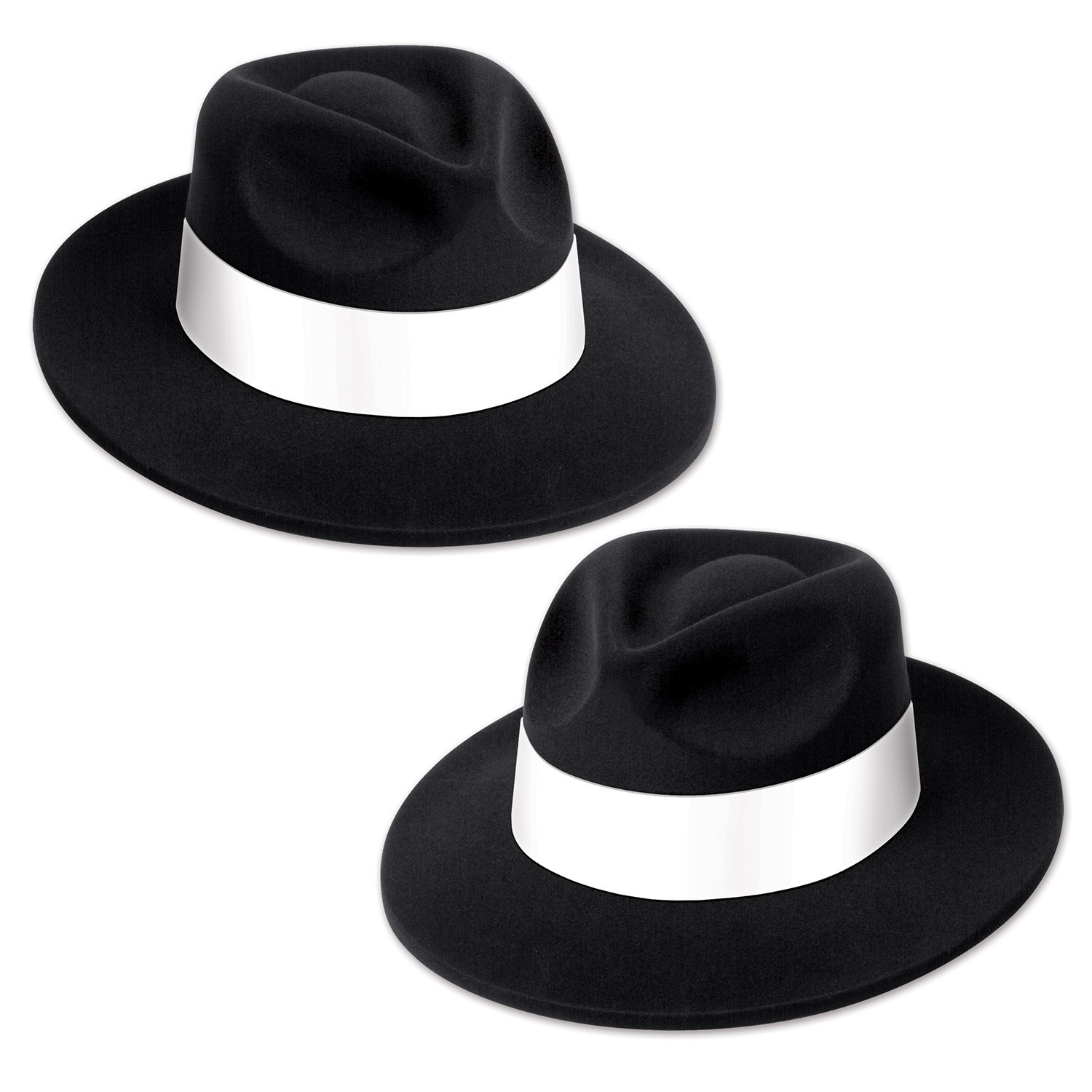 Plastic molded fedoras with a velour coating and white card stock band.
