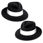 Plastic molded fedoras with a velour coating and white card stock band.