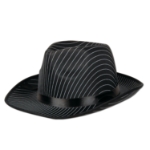 Black fabric fadora with white thin strips and a silk black band.