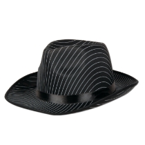 Black fabric fadora with white thin strips and a silk black band.