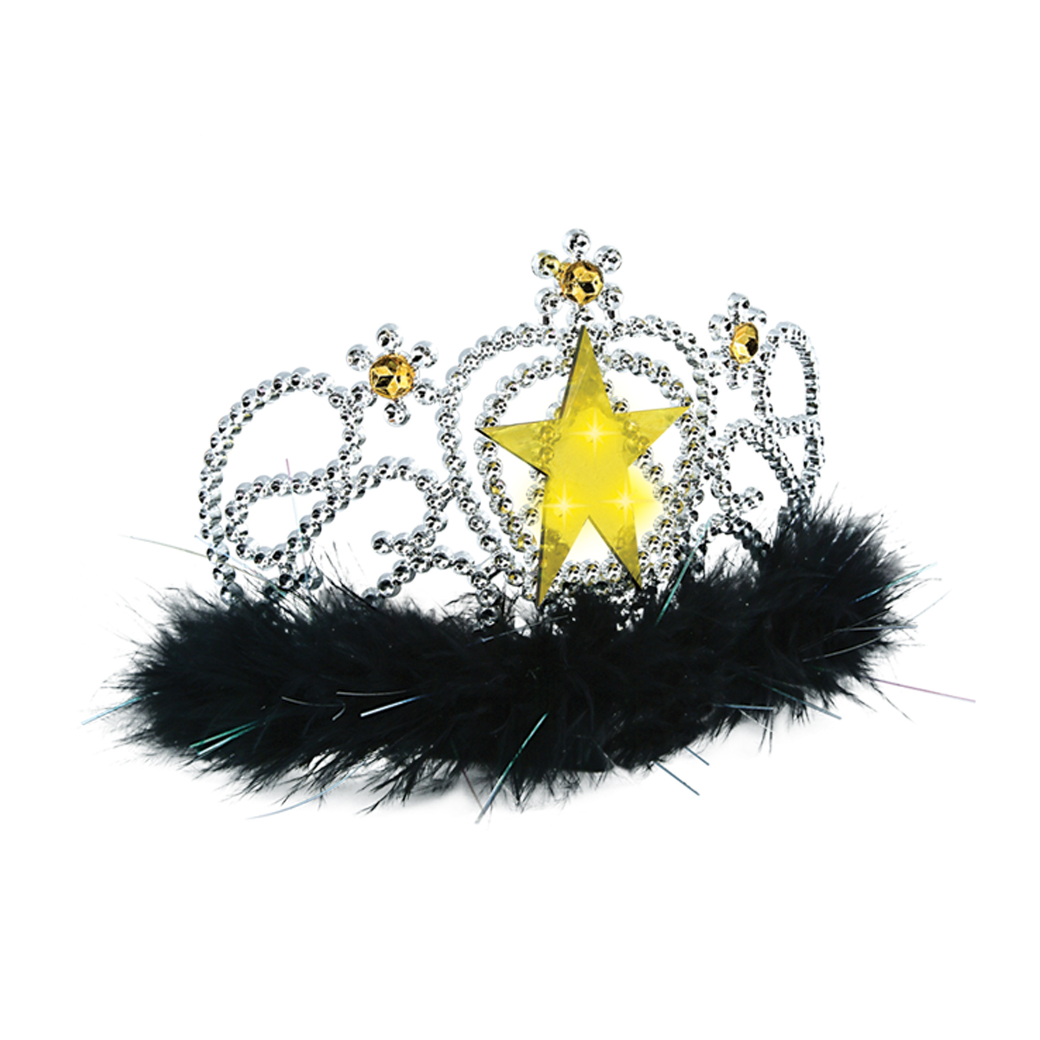 Silver plastic tiara with feathered bottom and gold stars and accents.